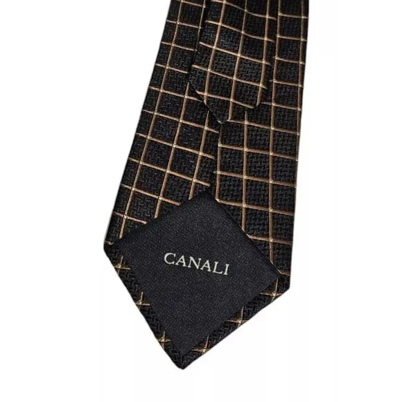 CANALI Men's 100% Silk Necktie LUXURY Tie Black Geometric W:3.7" EUC
